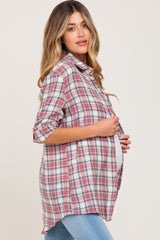 Red Plaid Rolled Cuff Flannel Maternity Top