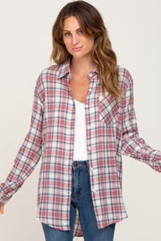 Red Plaid Rolled Cuff Flannel Top