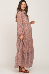 Taupe Floral Tiered Chiffon Maternity Maxi Dress