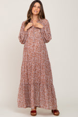 Taupe Floral Tiered Chiffon Maternity Maxi Dress