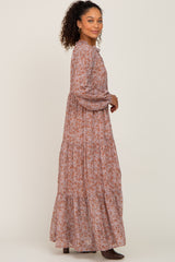 Taupe Floral Tiered Chiffon Maxi Dress