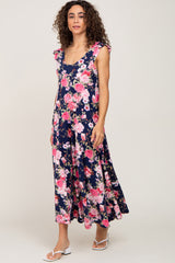 Navy Floral Flutter Sleeve Maxi Dress