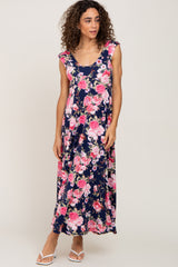 Navy Floral Flutter Sleeve Maxi Dress