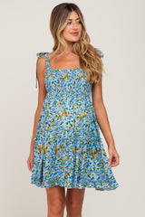 Blue Floral Shoulder Tie Maternity Dress