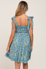 Blue Floral Shoulder Tie Maternity Dress