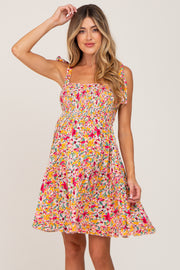 Magenta Floral Shoulder Tie Maternity Dress