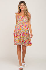 Magenta Floral Shoulder Tie Maternity Dress