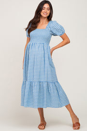 Blue Gingham Smocked Maternity Midi Dress