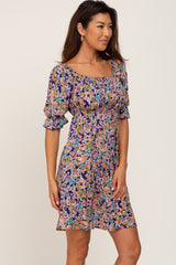 Navy Floral Cinched Short Sleeve Dress