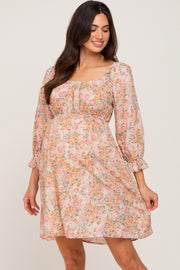 Taupe Floral Bubble Sleeve Maternity Dress