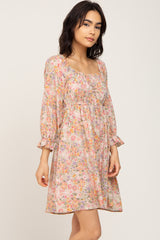 Taupe Floral Bubble Sleeve Dress