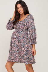 Navy Blue Floral Bubble Sleeve Maternity Dress