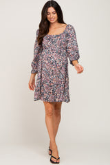 Navy Blue Floral Bubble Sleeve Maternity Dress