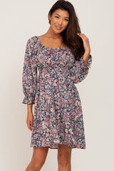 Navy Blue Floral Bubble Sleeve Maternity Dress