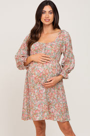 Light Olive Floral Bubble Sleeve Maternity Dress