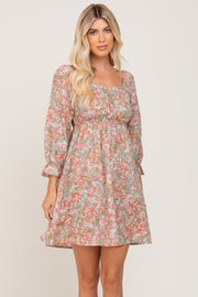 Light Olive Floral Bubble Sleeve Dress