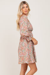 Light Olive Floral Bubble Sleeve Dress