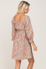 Light Olive Floral Bubble Sleeve Dress