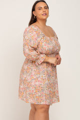 Taupe Floral Bubble Sleeve Plus Dress