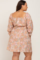 Taupe Floral Bubble Sleeve Plus Dress