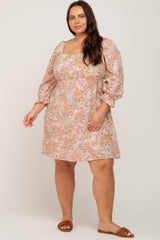 Taupe Floral Bubble Sleeve Plus Dress