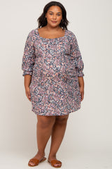 Navy Blue Floral Bubble Sleeve Maternity Plus Dress