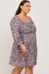 Navy Blue Floral Bubble Sleeve Plus Dress