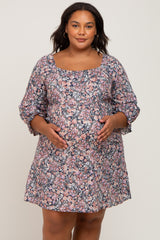 Navy Blue Floral Bubble Sleeve Maternity Plus Dress