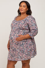 Navy Blue Floral Bubble Sleeve Maternity Plus Dress