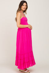 Fuchsia Smocked Caged Back Maternity Dress