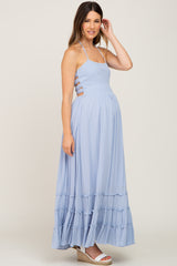 Light Blue Smocked Caged Back Maternity Dress