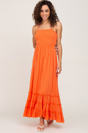 Orange Smocked Caged Back Dress