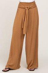 Camel High Waist Tie Front Wide Pants