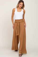 Camel High Waist Tie Front Wide Pants