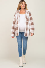 Mocha Plaid Fuzzy Maternity Shirt Jacket