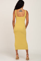 Yellow Brushed Ribbed Front Tie Midi Dress