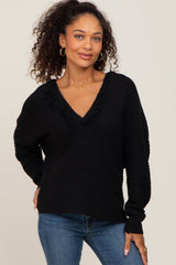 Black Fringe Trim Rib Knit Hoodie