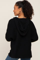 Black Fringe Trim Rib Knit Hoodie