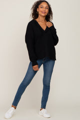 Black Fringe Trim Rib Knit Hoodie