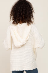 Ivory Fringe Trim Rib Knit Hoodie