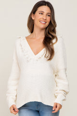 Ivory Fringe Trim Rib Knit Maternity Hoodie