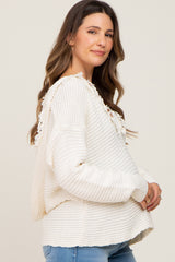 Ivory Fringe Trim Rib Knit Maternity Hoodie