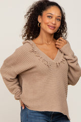 Mocha Fringe Trim Rib Knit Maternity Hoodie