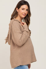 Mocha Fringe Trim Rib Knit Maternity Hoodie