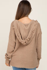 Mocha Fringe Trim Rib Knit Maternity Hoodie