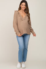 Mocha Fringe Trim Rib Knit Maternity Hoodie