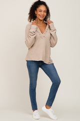 Beige Fringe Trim Rib Knit Hoodie