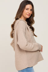 Beige Fringe Trim Rib Knit Maternity Hoodie