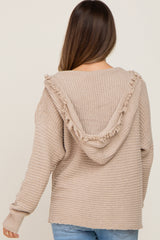 Beige Fringe Trim Rib Knit Maternity Hoodie