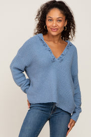 Blue Fringe Trim Rib Knit Hoodie